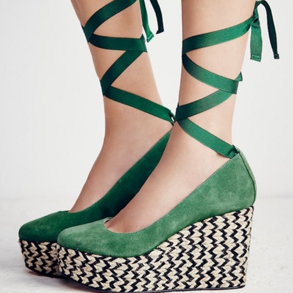 Free People Green Charade Wedge Espadrille Shoes with Ankle Straps